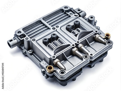 Aerial View of Car Engine Control Unit with Spare Metal Parts for Electronic Systems photo