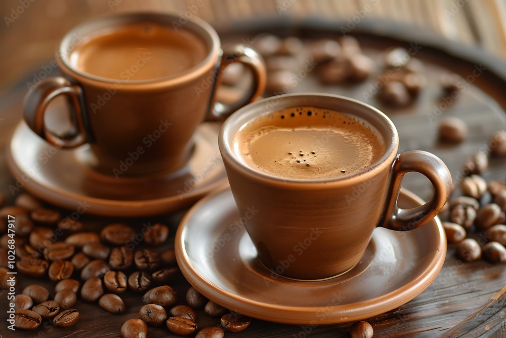 Two cups of coffee with coffee beans on a brown tablecloth, top view Two cups of coffee with coffee beans on a brown tablecloth, top view