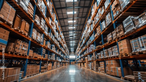 A Perspective View of a Large Warehouse with Shelving and Cardboard Boxes