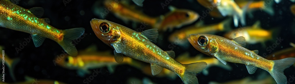 A vibrant school of fish swims gracefully, showcasing their shimmering scales against a dark background. A vibrant school of fish swims gracefully, showcasing their shimmering scales against a dark background.