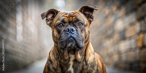 Brindle Ca de Bou Dog Closeup on Gray Street - Stunning Portrait Photography of a Molossian Breed photo