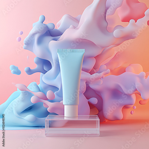 Abstract backgrounds, dreamy scenes, soft as silk, unreal as smoke,A tube of face cream stands on an acrylic stand, against the background of pink and blue gradients. In front is a large abstract roun photo