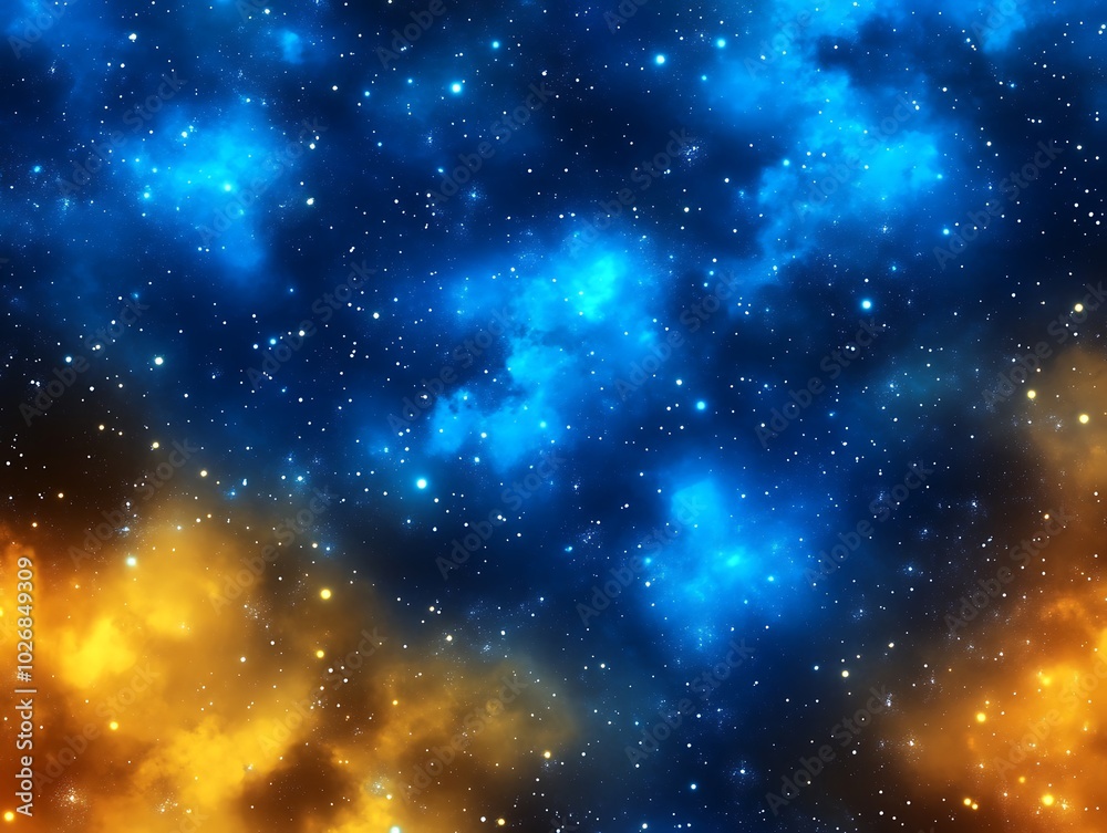 A vibrant night sky with blue and gold clouds and twinkling stars. A vibrant night sky with blue and gold clouds and twinkling stars.