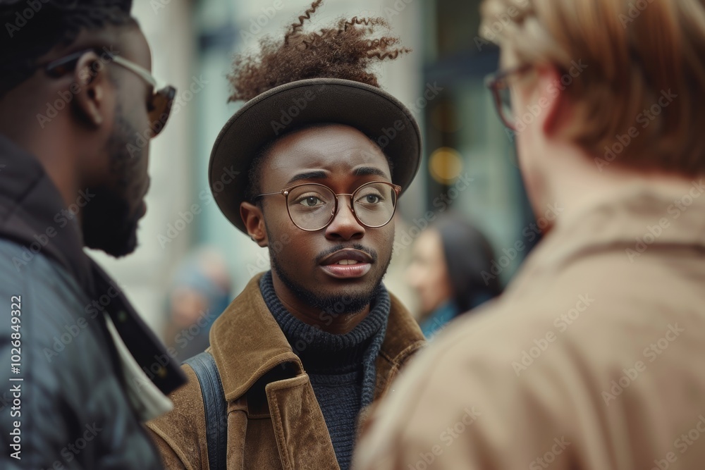 Young african american man with afro hairstyle and eyeglasses walking in city Young african american man with afro hairstyle and eyeglasses walking in city