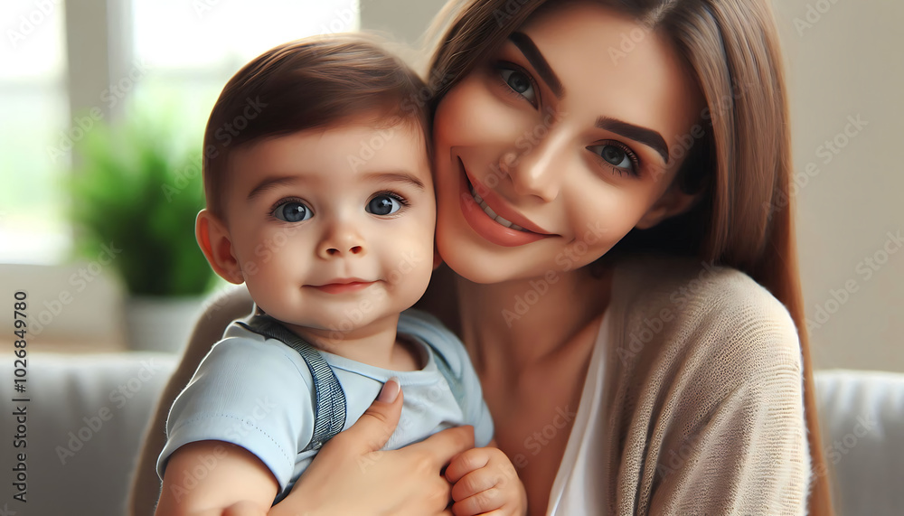 A loving mother smiles as she holds her baby, capturing the joy and warmth of family and motherhood A loving mother smiles as she holds her baby, capturing the joy and warmth of family and motherhood