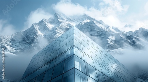 Striking Contrast Between Modern Architecture and Nature: Skyscraper Against a Dramatic Mountain Range, Capturing the Essence of Contemporary Design in a Stunning Desktop Wallpaper photo