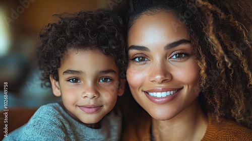 A smiling mother enjoying a moment with her son at home.