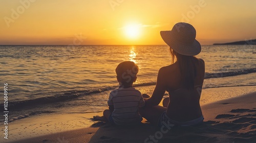 Mother and child sitting on the beach at sunset, wearing hats, gazing at the tranquil ocean, sharing a peaceful