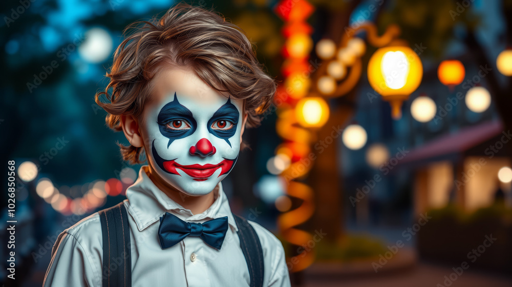 Child with clown makeup at Halloween event, wearing white shirt and bow tie Child with clown makeup at Halloween event, wearing white shirt and bow tie