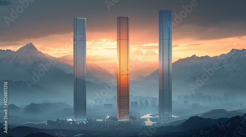Striking Contrast Between Modern Architecture and Nature: Skyscraper Against a Dramatic Mountain Range, Capturing the Essence of Contemporary Design in a Stunning Desktop Wallpaper