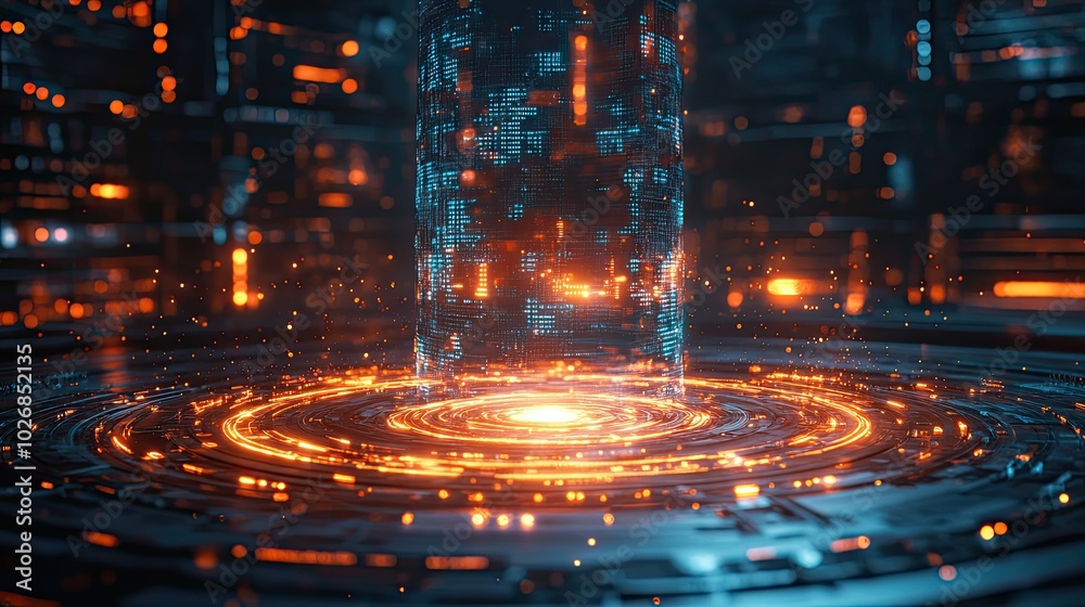 A tech hologram with podium light effects, creating a cyberpunk-inspired visual element that blends virtual reality and futuristic data concepts. A tech hologram with podium light effects, creating a cyberpunk-inspired visual element that blends virtual reality and futuristic data concepts.