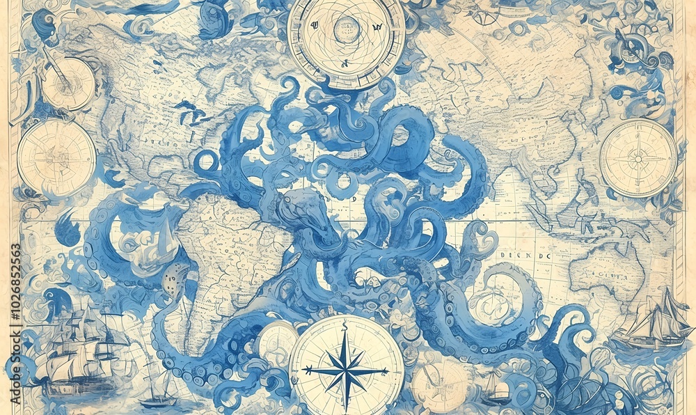 A nautical map with mermaids, sea monsters, and a vintage compass on a beige background with blue octopus tentacles decorating the fantasy illustration A nautical map with mermaids, sea monsters, and a vintage compass on a beige background with blue octopus tentacles decorating the fantasy illustration