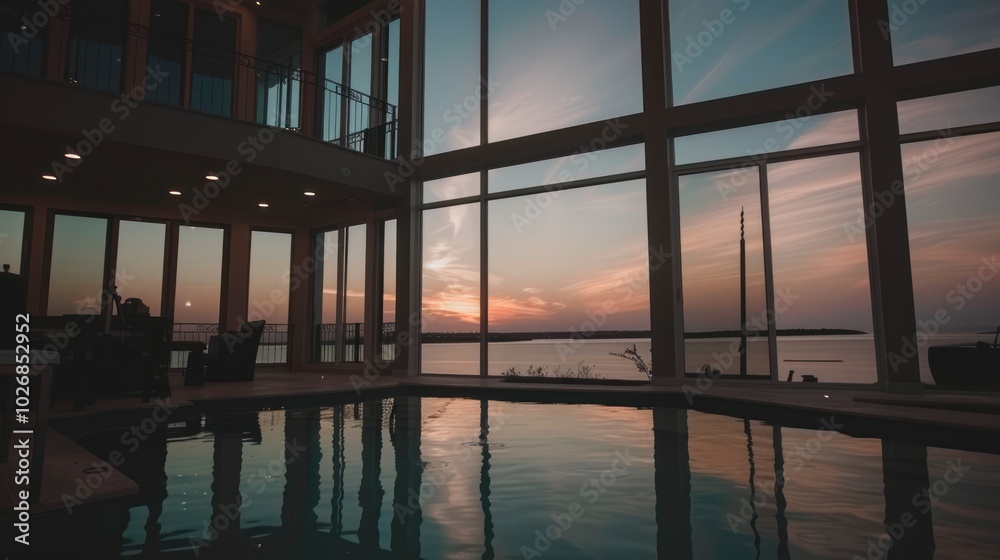 Indoor Pool with Sunset View Through Large Windows Indoor Pool with Sunset View Through Large Windows