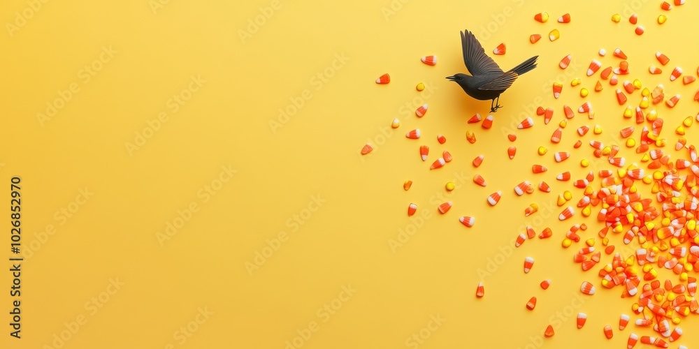 Black Bird with Candy Corn on Yellow Background Black Bird with Candy Corn on Yellow Background