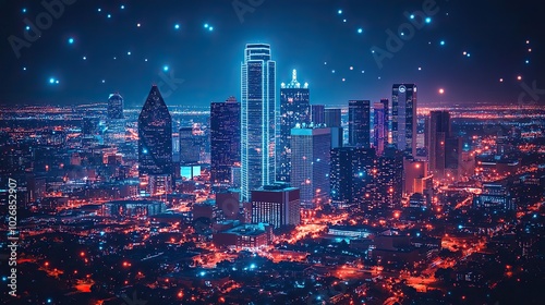 A technology concept with network and connection themes, focusing on skyscrapers in Dallas, Texas, USA, representing urban tech integration.