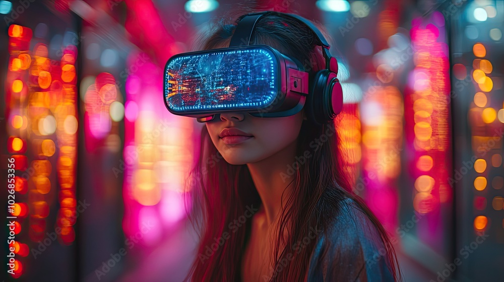 A teenage girl interacts with a virtual reality headset, exploring digital entertainment and space through augmented reality technology. A teenage girl interacts with a virtual reality headset, exploring digital entertainment and space through augmented reality technology.