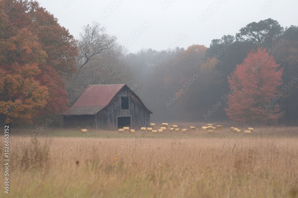 A barn with a red roof and a herd of sheep grazing in a field A barn with a red roof and a herd of sheep grazing in a field