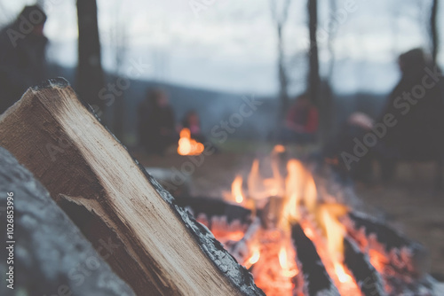 A group of people are gathered around a fire photo