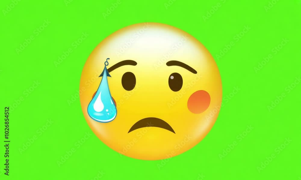 A sad face emoji with a single tear rolling down its cheek, set against a green screen background