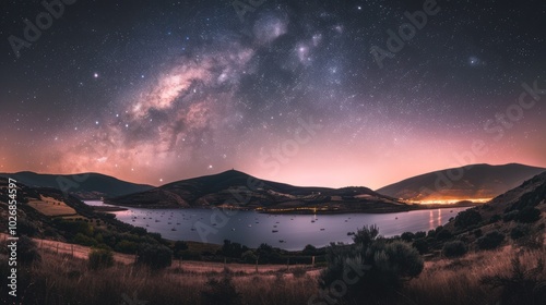 Milky Way Over a Mountainous Inlet with Boats at Night