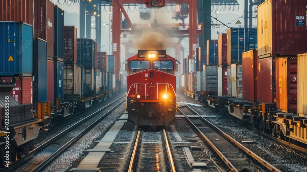 A freight train arrives at a railway station, as workers load various containers onto it under clear skies. Generative AI A freight train arrives at a railway station, as workers load various containers onto it under clear skies. Generative AI