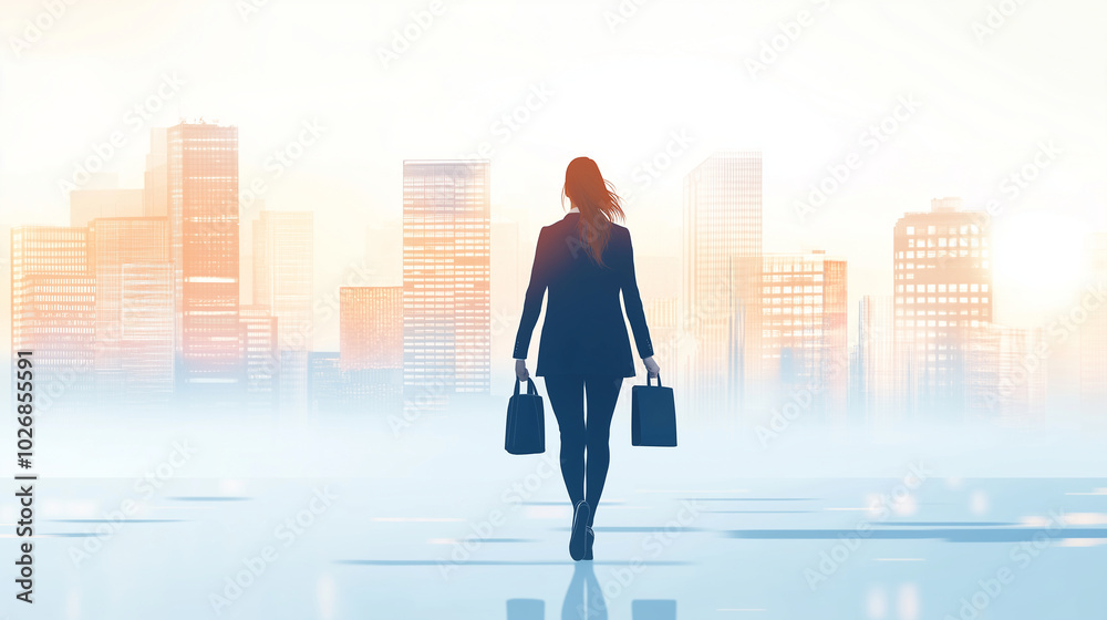 A businesswoman walking confidently with a briefcase and smartphone in hand, a city skyline in the background, copy space in the upper area A businesswoman walking confidently with a briefcase and smartphone in hand, a city skyline in the background, copy space in the upper area
