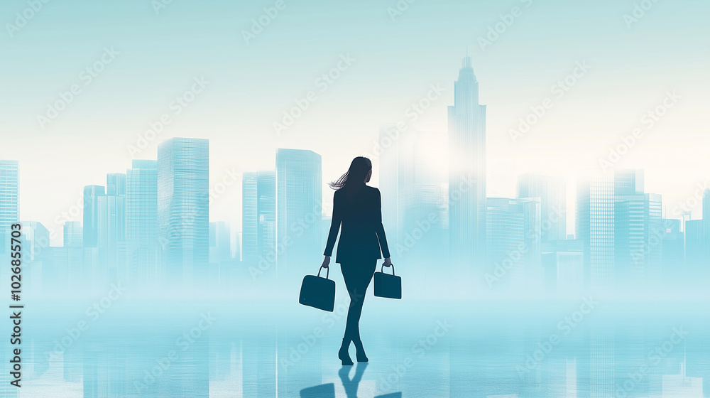 A businesswoman walking confidently with a briefcase and smartphone in hand, a city skyline in the background, copy space in the upper area A businesswoman walking confidently with a briefcase and smartphone in hand, a city skyline in the background, copy space in the upper area