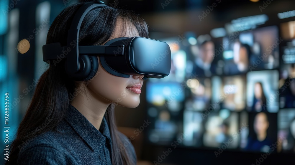 A young woman explores virtual reality with a headset, surrounded by digital screens, showcasing immersive technology. A young woman explores virtual reality with a headset, surrounded by digital screens, showcasing immersive technology.
