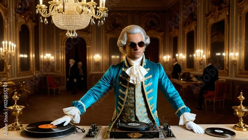 Wulfgang Amadeus Mozart Wearing 18th Century Rococo Costume, Headphones, and Sunglasses. He is Spinning Records, Mixing music in A Luxurious Baroque-Style Ballroom with People in The Background.