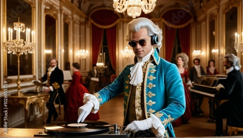 Wulfgang Amadeus Mozart Wearing 18th Century Rococo Costume, Headphones, and Sunglasses. He is Spinning Records, Mixing music in A Luxurious Baroque-Style Ballroom with People in The Background.