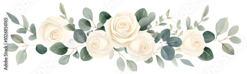 Abstract white flower with green leaf clipart isolated on transparent background, PNG