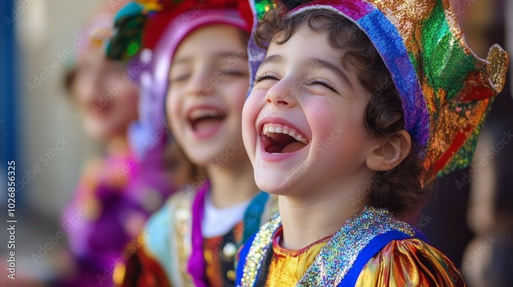 A playful scene of children in colorful costumes for Purim, laughing and enjoying the festivities as they prepare for a costume parade and Purim spiel A playful scene of children in colorful costumes for Purim, laughing and enjoying the festivities as they prepare for a costume parade and Purim spiel