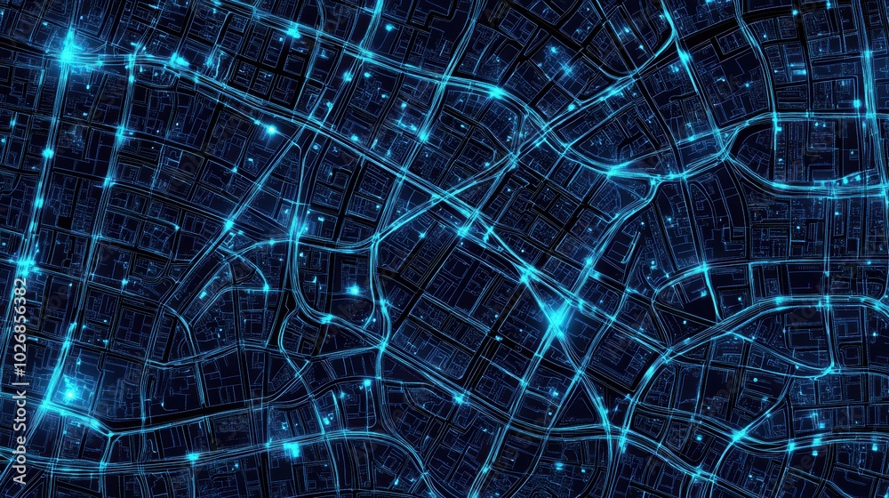 Abstract digital city map with glowing blue lines and nodes ...