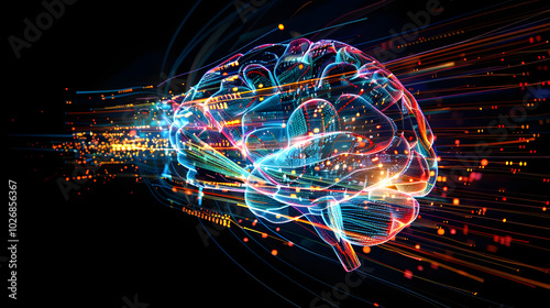 AI-Powered Intrusion Detection System: An AI brain glowing with data streams, analyzing and intercepting cyber threats in real-time,