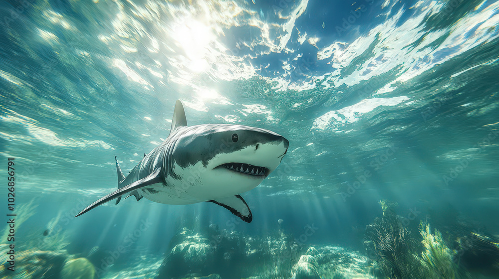 Naklejka premium A majestic shark gliding gracefully through crystal-clear water, showcasing its powerful presence beneath the ocean waves.