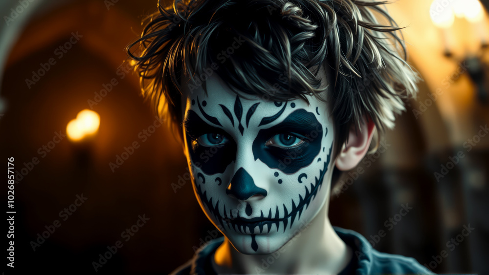 Boy with skull face paint in a candle-lit chamber Boy with skull face paint in a candle-lit chamber