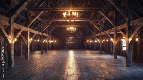Rustic Barn Interior with Wooden Beams and Chandeliers