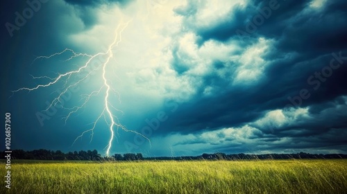 Dramatic lightning striking across a stormy sky over a vast green field.