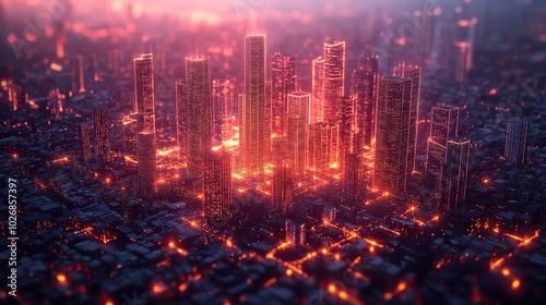 A wireframe illustration of a smart city utilizing cloud computing, AI, and 5G, highlighting cybersecurity and big data connections.