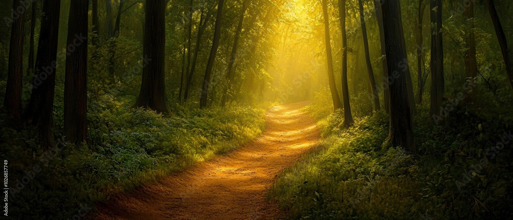 Obraz premium Serene forest path illuminated by golden sunlight filtering through trees, creating a magical and tranquil atmosphere.