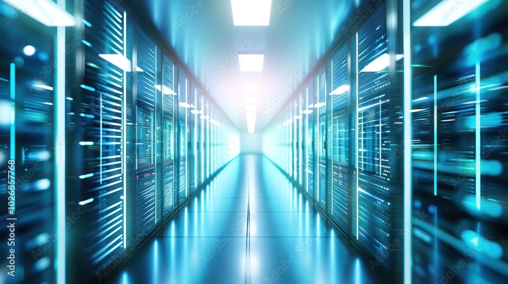 A Blue Lit Server Room Corridor A Blue Lit Server Room Corridor