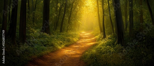 Serene forest path illuminated by golden sunlight filtering through trees, creating a magical and tranquil atmosphere.