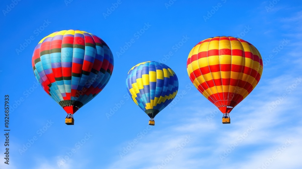 Three vibrant hot air balloons soar against a clear blue sky, showcasing colorful patterns and a sense of adventure. Three vibrant hot air balloons soar against a clear blue sky, showcasing colorful patterns and a sense of adventure.