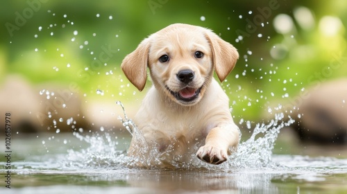 Adorable Labrador Retriever Puppy Splashing in Water