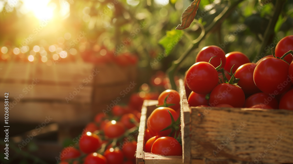 Freshly Harvested Tomatoes in Wooden Crates at Farm Freshly Harvested Tomatoes in Wooden Crates at Farm