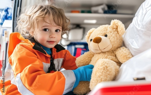 Child in Paramedic Costume with Teddy Bear photo