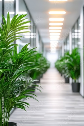 Vibrant green plants line a modern office corridor, creating a fresh atmosphere.