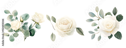 Abstract white flower with green leaf clipart isolated on transparent background, PNG