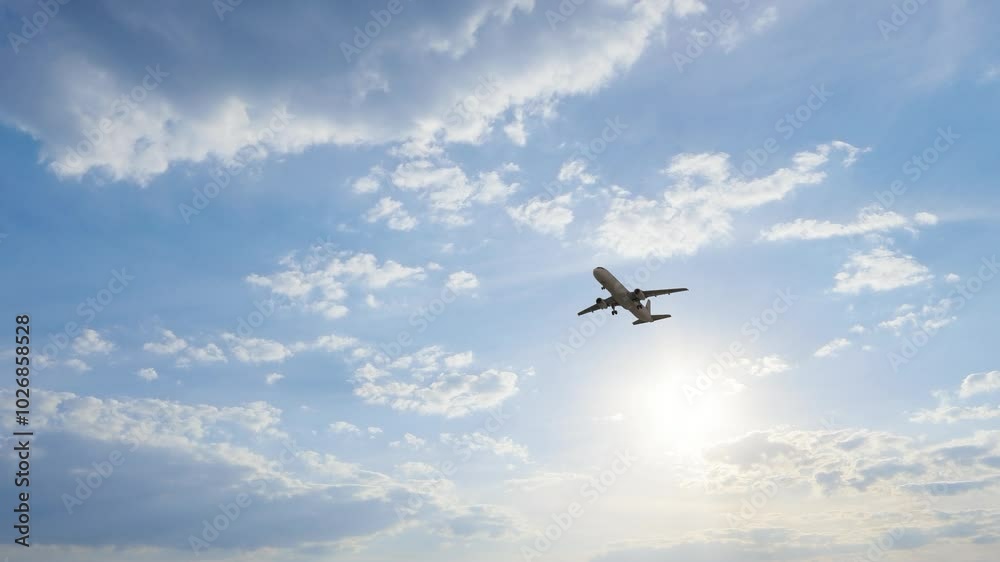 ULTRA HD. 4K. Airplane flies in blue sky. Travel, tourism. Airplane takes off against the background of blue sky. ULTRA HD. 4K. Airplane flies in blue sky. Travel, tourism. Airplane takes off against the background of blue sky.