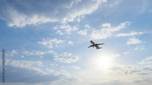  ULTRA HD. 4K. Airplane flies in blue sky. Travel, tourism. Airplane takes off against the background of blue sky. 
